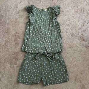 Nümph Green Ruffle Sleeve Floral Blouse and Shorts Set